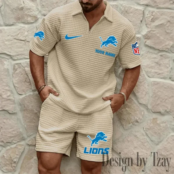 Detroit Lions Men’s Waffle Pattern Half Zipper Shirt And Short BSPTWHZSS108 - Image 3