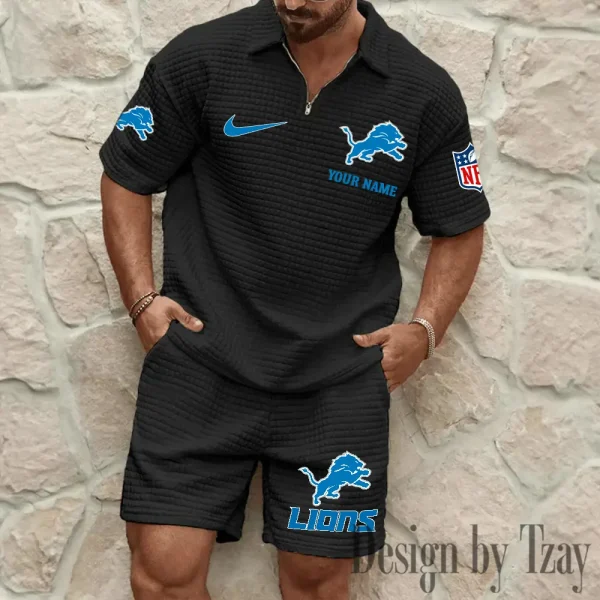 Detroit Lions Men’s Waffle Pattern Half Zipper Shirt And Short BSPTWHZSS108 - Image 4