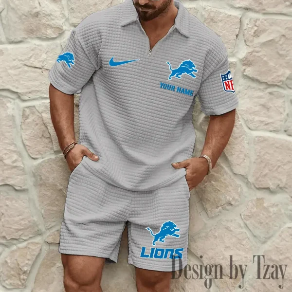 Detroit Lions Men’s Waffle Pattern Half Zipper Shirt And Short BSPTWHZSS108 - Image 6