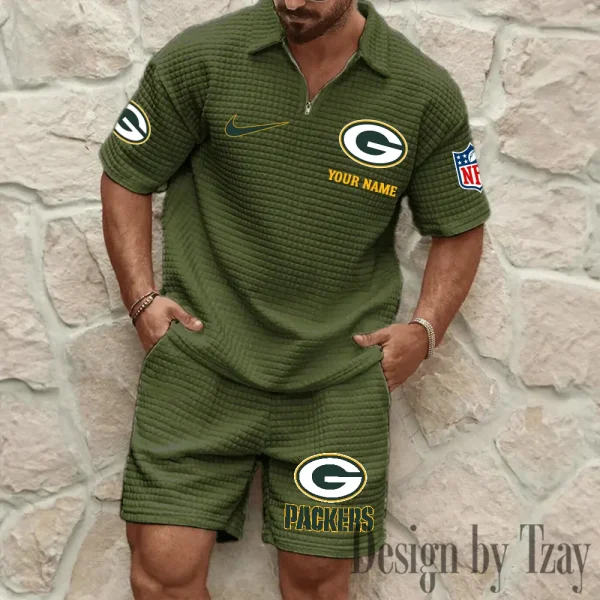 Green Bay Packers Men’s Waffle Pattern Half Zipper Shirt And Short BSPTWHZSS109 - Image 6