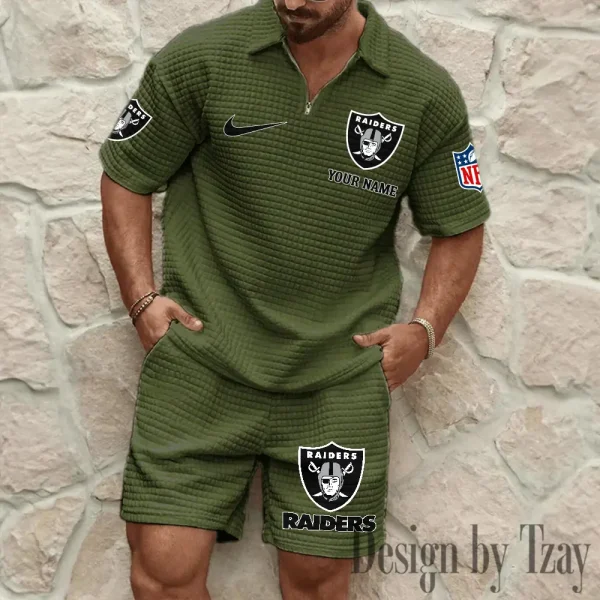 Las Vegas Raiders Men’s Waffle Pattern Half Zipper Shirt And Short BSPTWHZSS114 - Image 5