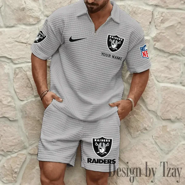 Las Vegas Raiders Men’s Waffle Pattern Half Zipper Shirt And Short BSPTWHZSS114 - Image 6