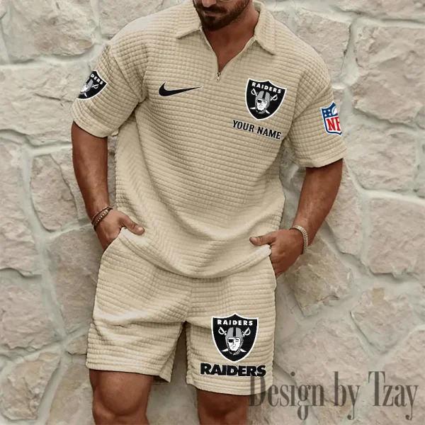 Las Vegas Raiders Men’s Waffle Pattern Half Zipper Shirt And Short BSPTWHZSS114 - Image 7