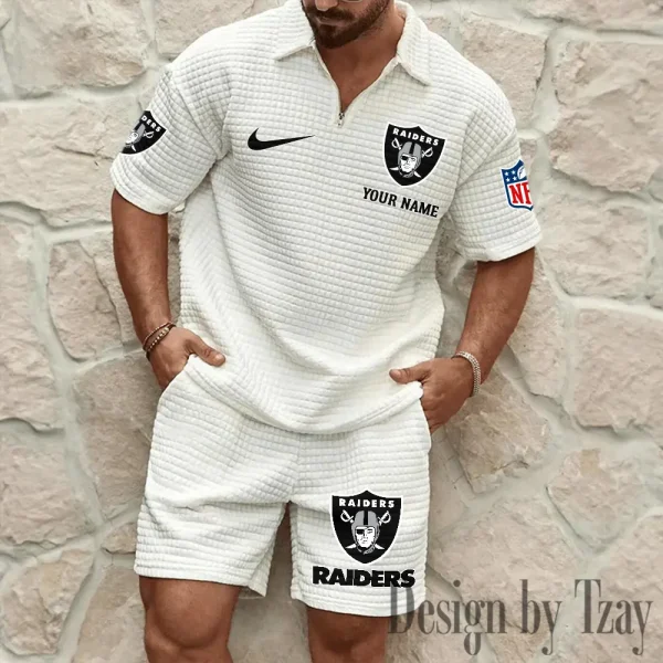Las Vegas Raiders Men’s Waffle Pattern Half Zipper Shirt And Short BSPTWHZSS114 - Image 3
