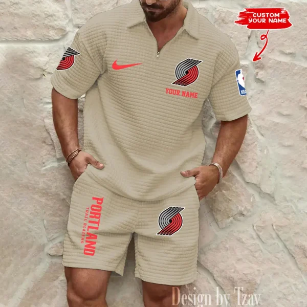 Portland Trail Blazers NBA Men’s Waffle Pattern Half Zipper Shirt And Short BSPTWHZSS138 - Image 2