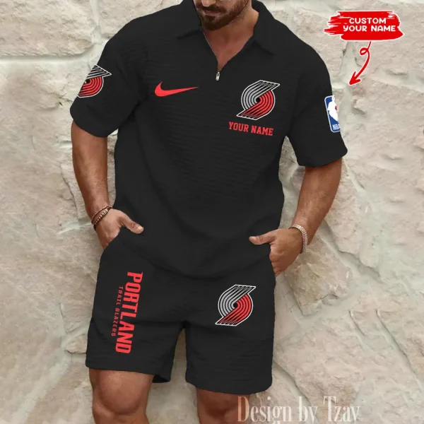Portland Trail Blazers NBA Men’s Waffle Pattern Half Zipper Shirt And Short BSPTWHZSS138 - Image 3