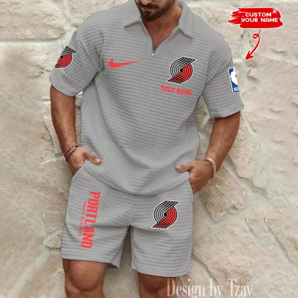 Portland Trail Blazers NBA Men’s Waffle Pattern Half Zipper Shirt And Short BSPTWHZSS138 - Image 4