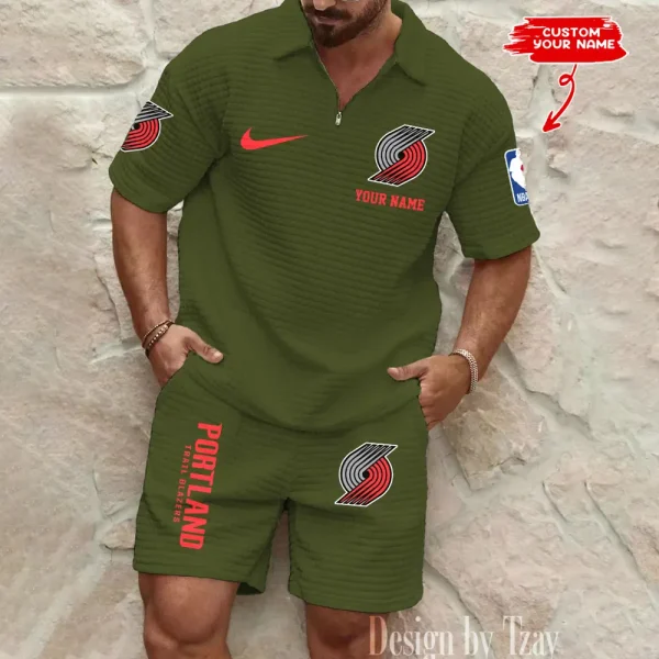 Portland Trail Blazers NBA Men’s Waffle Pattern Half Zipper Shirt And Short BSPTWHZSS138 - Image 5