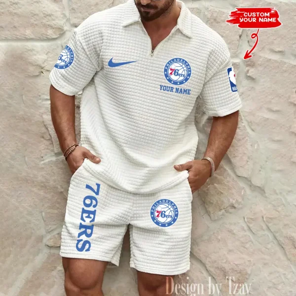 Philadelphia 76ers NBA Men’s Waffle Pattern Half Zipper Shirt And Short BSPTWHZSS140 - Image 5