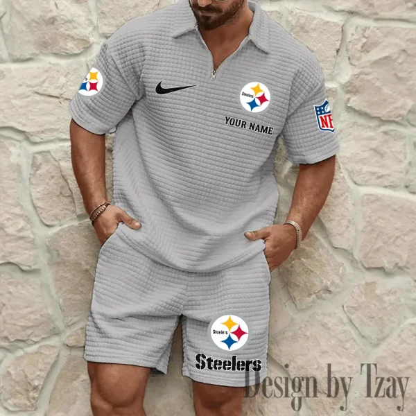 Pittsburgh Steelers Men’s Waffle Pattern Half Zipper Shirt And Short BSPTWHZSS124 - Image 6