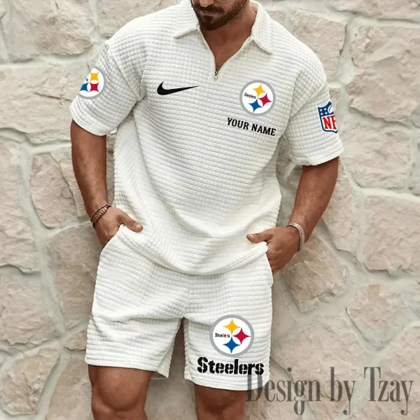Pittsburgh Steelers Men’s Waffle Pattern Half Zipper Shirt And Short BSPTWHZSS124 - Image 4