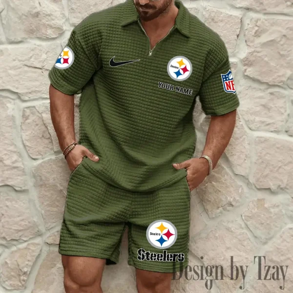 Pittsburgh Steelers Men’s Waffle Pattern Half Zipper Shirt And Short BSPTWHZSS124 - Image 7