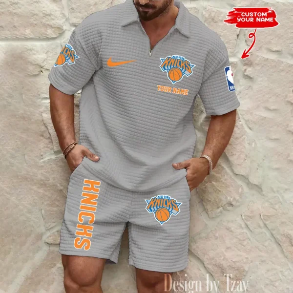 New York Knicks NBA Men’s Waffle Pattern Half Zipper Shirt And Short BSPTWHZSS143 - Image 2