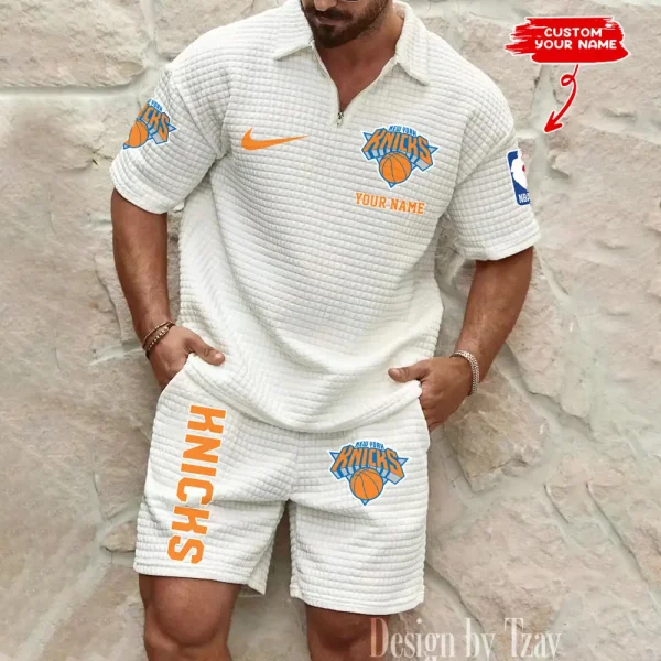 New York Knicks NBA Men’s Waffle Pattern Half Zipper Shirt And Short BSPTWHZSS143 - Image 4