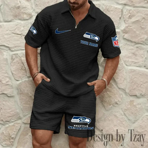 Seattle Seahawks Men’s Waffle Pattern Half Zipper Shirt And Short BSPTWHZSS126 - Image 3