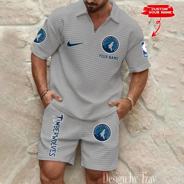 Minnesota Timberwolves NBA Men’s Waffle Pattern Half Zipper Shirt And Short BSPTWHZSS145 - Image 2