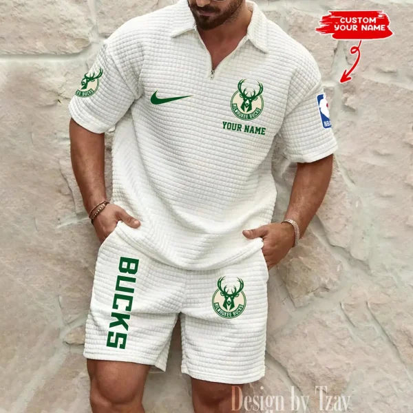 Milwaukee Bucks NBA Men’s Waffle Pattern Half Zipper Shirt And Short BSPTWHZSS146
