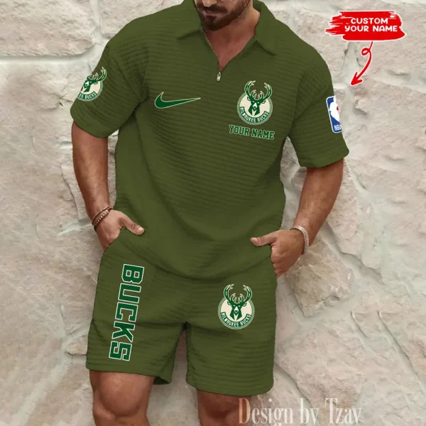 Milwaukee Bucks NBA Men’s Waffle Pattern Half Zipper Shirt And Short BSPTWHZSS146 - Image 5