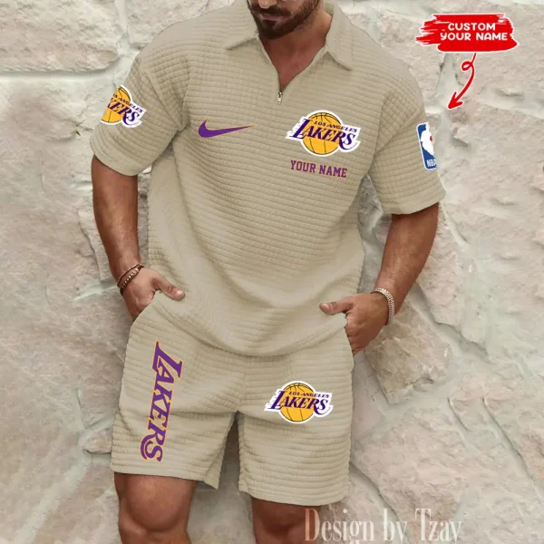 Los Angeles Lakers NBA Men’s Waffle Pattern Half Zipper Shirt And Short BSPTWHZSS149 - Image 2