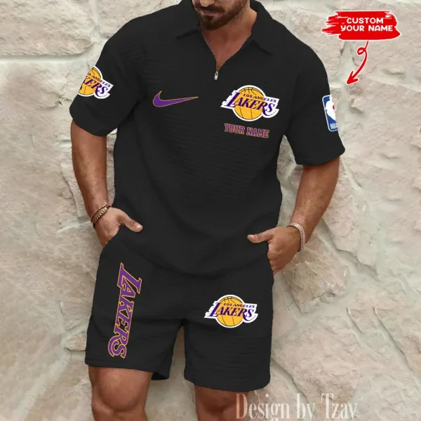 Los Angeles Lakers NBA Men’s Waffle Pattern Half Zipper Shirt And Short BSPTWHZSS149 - Image 5