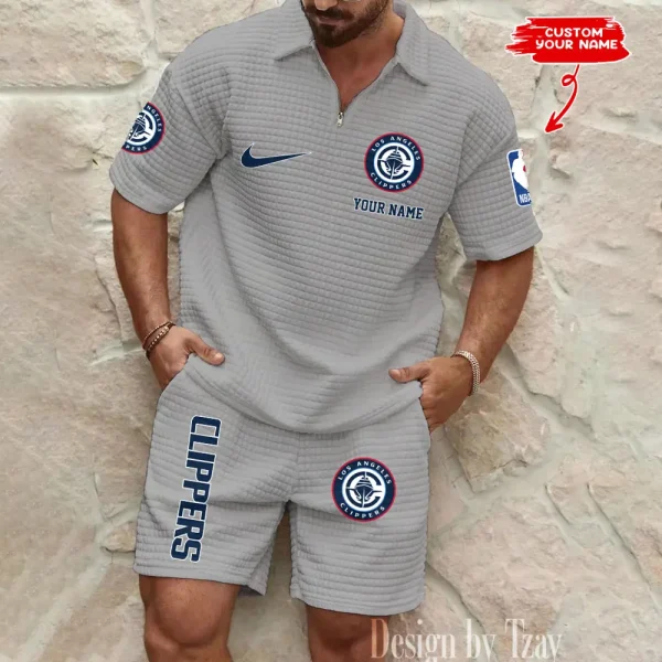 LA Clippers NBA Men’s Waffle Pattern Half Zipper Shirt And Short BSPTWHZSS150 - Image 2
