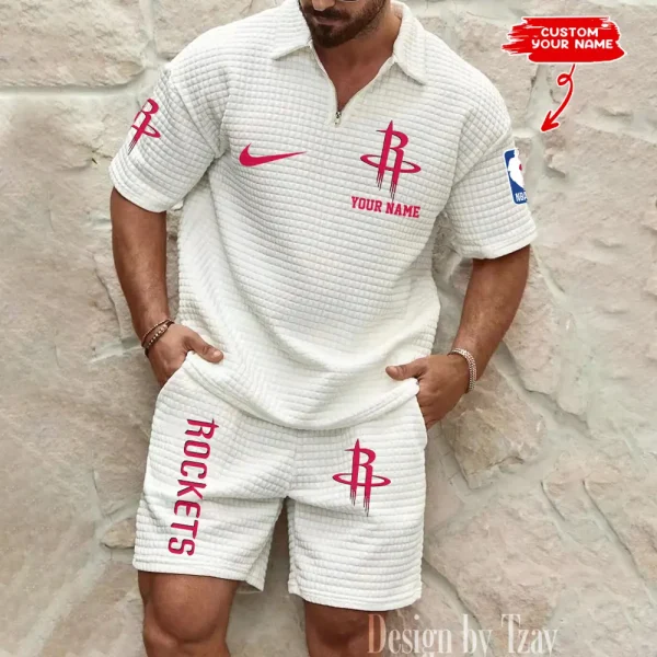 Houston Rockets NBA Men’s Waffle Pattern Half Zipper Shirt And Short BSPTWHZSS152 - Image 2
