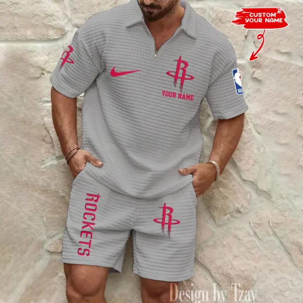 Houston Rockets NBA Men’s Waffle Pattern Half Zipper Shirt And Short BSPTWHZSS152 - Image 3
