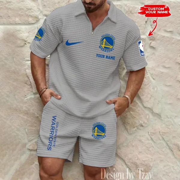 Golden State Warriors NBA Men’s Waffle Pattern Half Zipper Shirt And Short BSPTWHZSS153 - Image 3