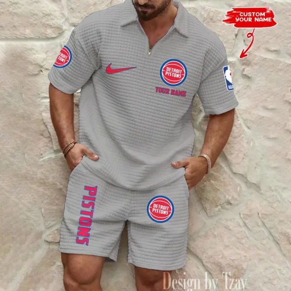 Detroit Pistons NBA Men’s Waffle Pattern Half Zipper Shirt And Short BSPTWHZSS154 - Image 2
