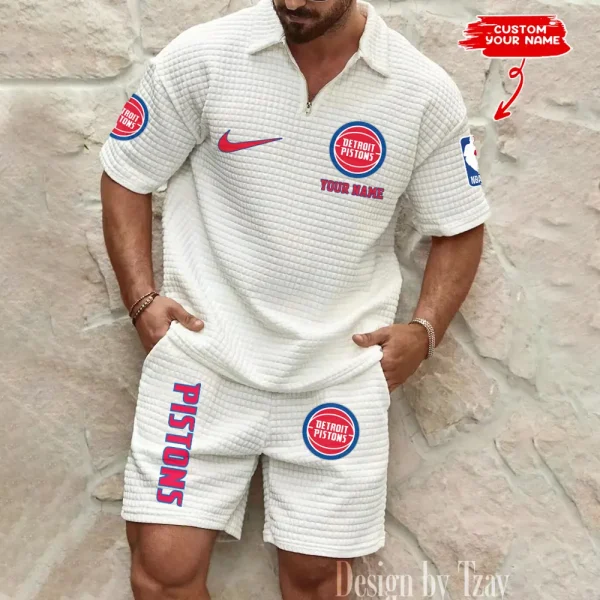 Detroit Pistons NBA Men’s Waffle Pattern Half Zipper Shirt And Short BSPTWHZSS154 - Image 5