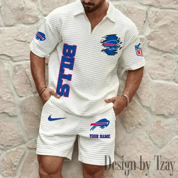Buffalo Bills Men’s Waffle Pattern Half Zipper Shirt And Short BSPTWHZSS163 - Image 2
