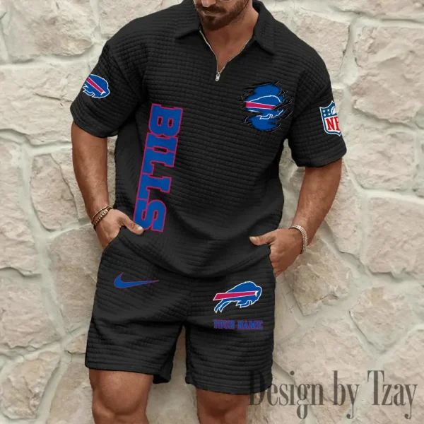 Buffalo Bills Men’s Waffle Pattern Half Zipper Shirt And Short BSPTWHZSS163 - Image 4