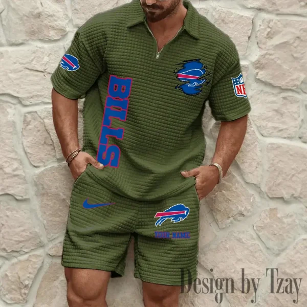 Buffalo Bills Men’s Waffle Pattern Half Zipper Shirt And Short BSPTWHZSS163 - Image 6