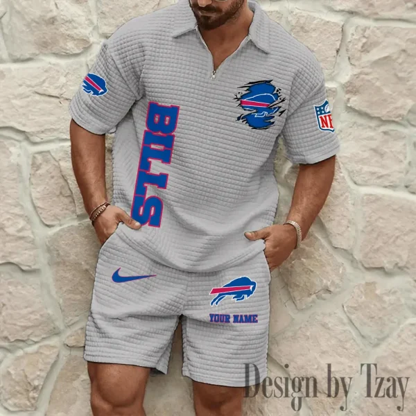 Buffalo Bills Men’s Waffle Pattern Half Zipper Shirt And Short BSPTWHZSS163 - Image 7
