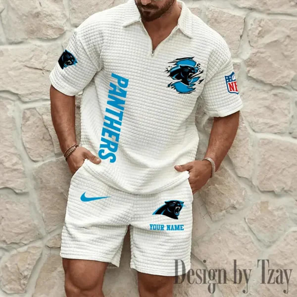 Carolina Panthers Men’s Waffle Pattern Half Zipper Shirt And Short BSPTWHZSS164 - Image 3