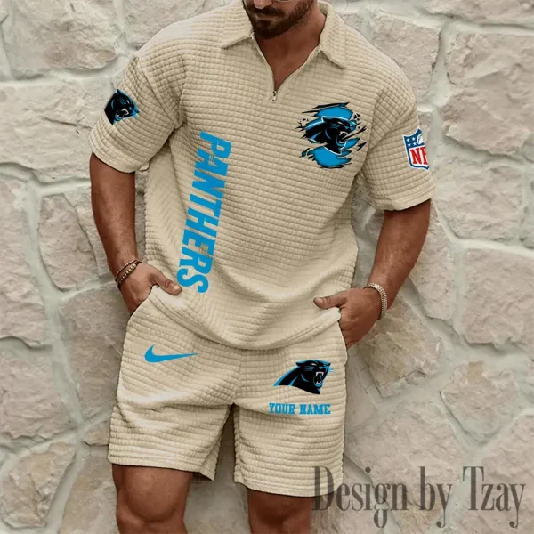 Carolina Panthers Men’s Waffle Pattern Half Zipper Shirt And Short BSPTWHZSS164 - Image 5