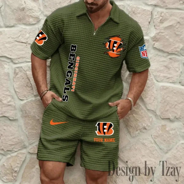 Cincinnati Bengals Men’s Waffle Pattern Half Zipper Shirt And Short BSPTWHZSS166 - Image 3