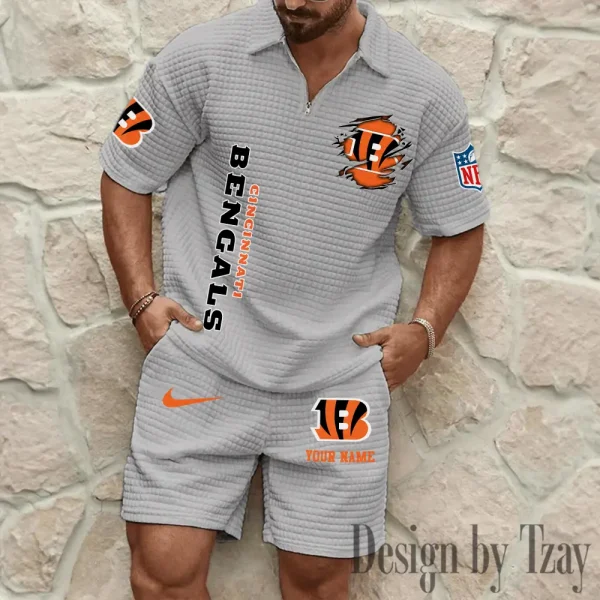 Cincinnati Bengals Men’s Waffle Pattern Half Zipper Shirt And Short BSPTWHZSS166 - Image 4