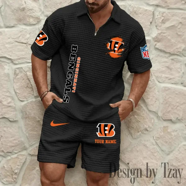 Cincinnati Bengals Men’s Waffle Pattern Half Zipper Shirt And Short BSPTWHZSS166 - Image 5