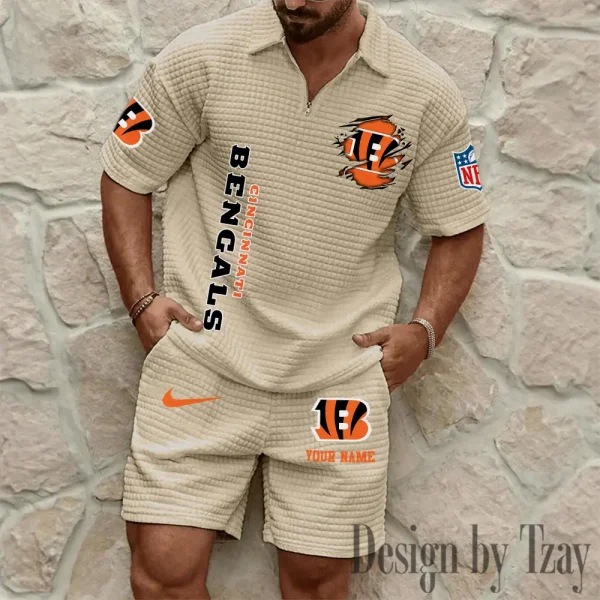 Cincinnati Bengals Men’s Waffle Pattern Half Zipper Shirt And Short BSPTWHZSS166 - Image 7