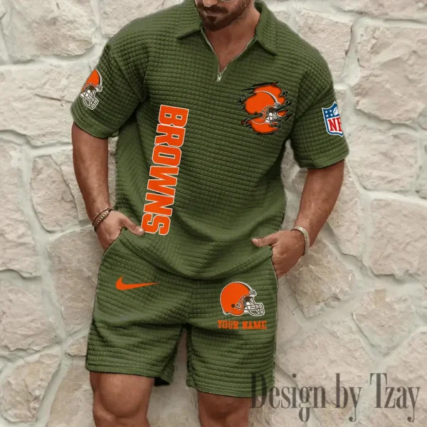 Cleveland Browns Men’s Waffle Pattern Half Zipper Shirt And Short BSPTWHZSS167 - Image 2