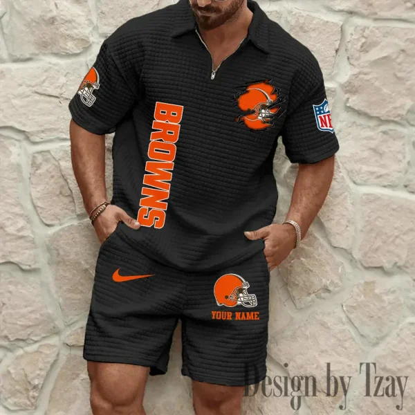Cleveland Browns Men’s Waffle Pattern Half Zipper Shirt And Short BSPTWHZSS167 - Image 3