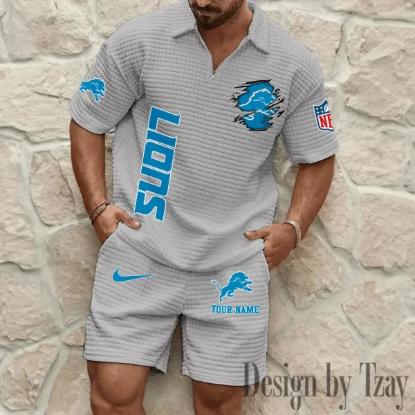 Detroit Lions Men’s Waffle Pattern Half Zipper Shirt And Short BSPTWHZSS170 - Image 5