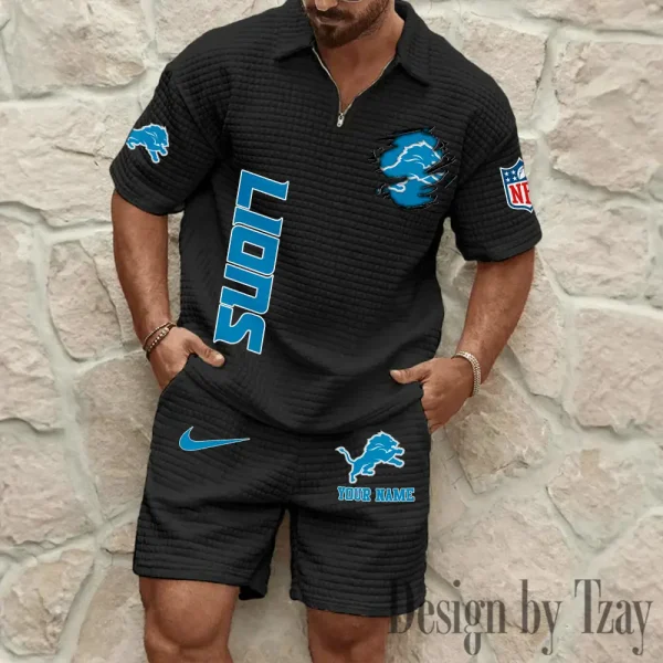 Detroit Lions Men’s Waffle Pattern Half Zipper Shirt And Short BSPTWHZSS170 - Image 3