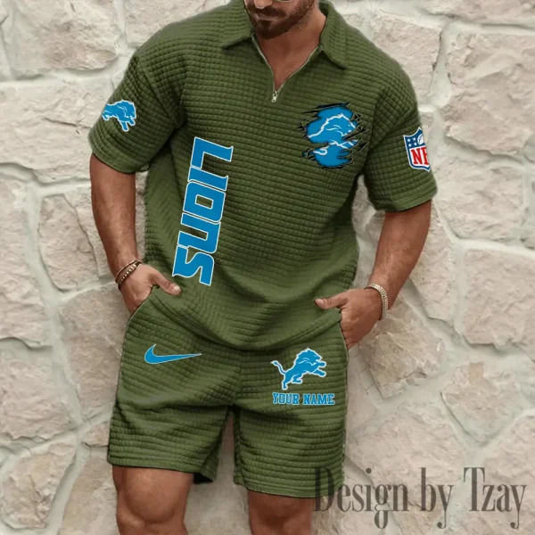 Detroit Lions Men’s Waffle Pattern Half Zipper Shirt And Short BSPTWHZSS170 - Image 6