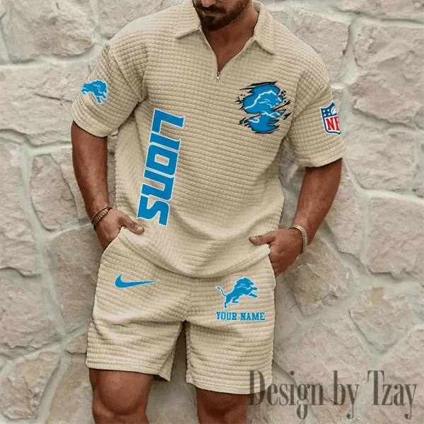 Detroit Lions Men’s Waffle Pattern Half Zipper Shirt And Short BSPTWHZSS170 - Image 7