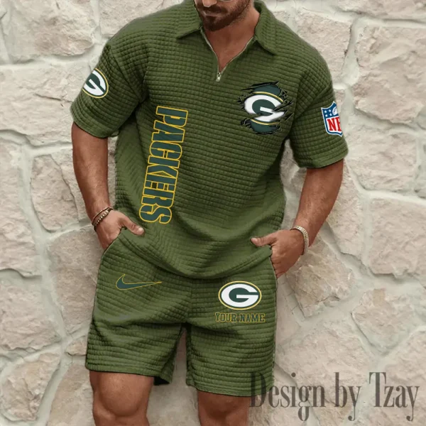 Green Bay Packers Men’s Waffle Pattern Half Zipper Shirt And Short BSPTWHZSS171 - Image 2