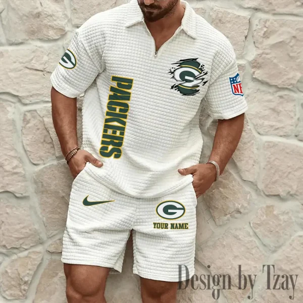 Green Bay Packers Men’s Waffle Pattern Half Zipper Shirt And Short BSPTWHZSS171 - Image 3
