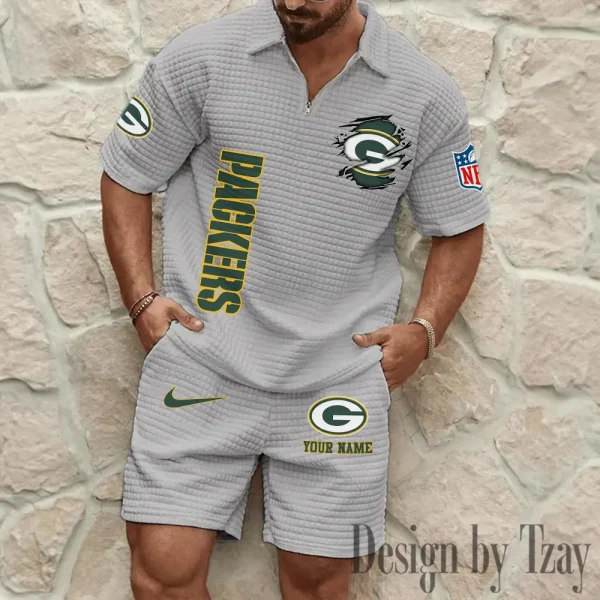 Green Bay Packers Men’s Waffle Pattern Half Zipper Shirt And Short BSPTWHZSS171 - Image 5