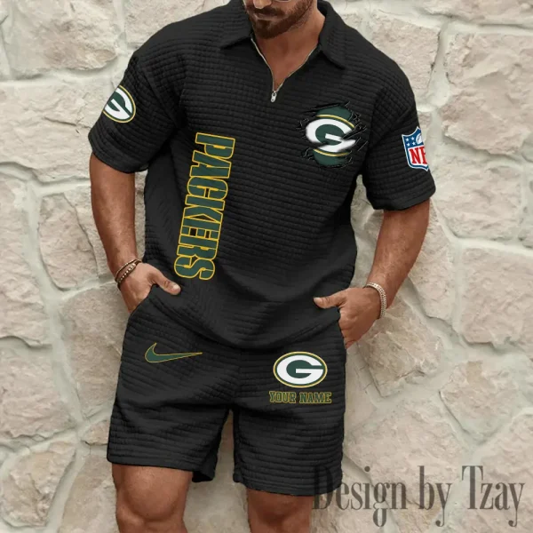 Green Bay Packers Men’s Waffle Pattern Half Zipper Shirt And Short BSPTWHZSS171 - Image 6